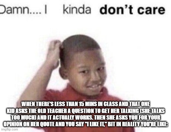 there's always that one kid who finds a way to gain the class's liking | WHEN THERE'S LESS THAN 15 MINS IN CLASS AND THAT ONE KID ASKS THE OLD TEACHER A QUESTION TO GET HER TALKING (SHE TALKS TOO MUCH) AND IT ACTUALLY WORKS. THEN SHE ASKS YOU FOR YOUR OPINION ON HER QUOTE AND YOU SAY "I LIKE IT," BIT IN REALITY YOU'RE LIKE: | image tagged in damn i kinda don't care | made w/ Imgflip meme maker