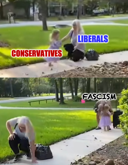 Eternal love triangle. | LIBERALS; CONSERVATIVES; FASCISM | image tagged in memes,conservatives,liberals,fascism,rockin' the love boat | made w/ Imgflip meme maker
