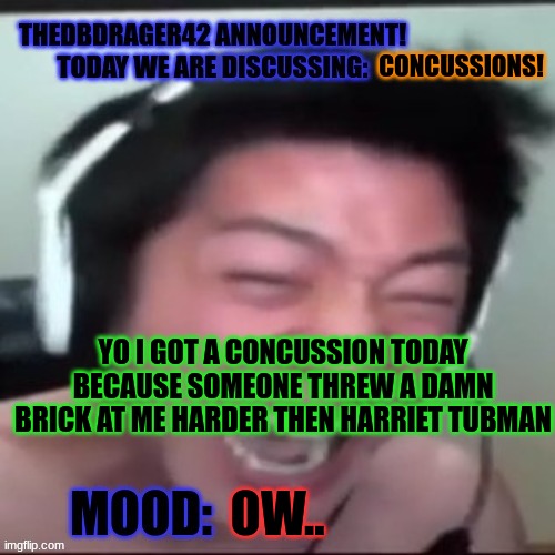 im fine. sort of | CONCUSSIONS! YO I GOT A CONCUSSION TODAY BECAUSE SOMEONE THREW A DAMN BRICK AT ME HARDER THEN HARRIET TUBMAN; OW.. | image tagged in oh wow are you actually reading these tags | made w/ Imgflip meme maker