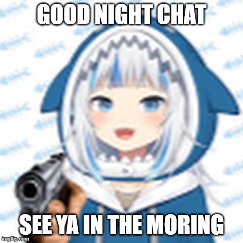 gura holding a gun. | GOOD NIGHT CHAT; SEE YA IN THE MORING | image tagged in gura holding a gun | made w/ Imgflip meme maker