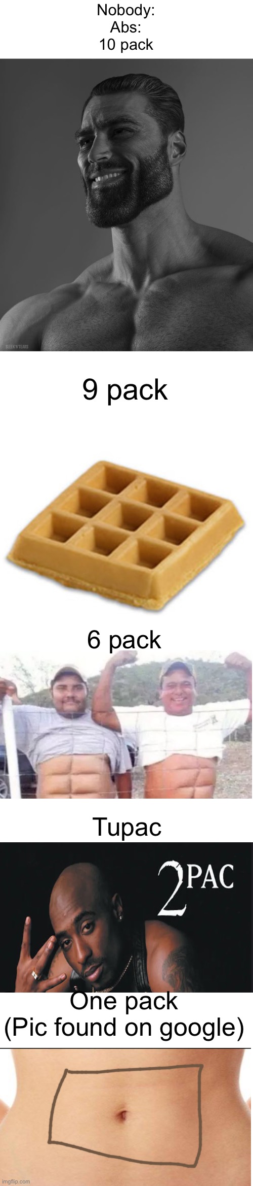 Abs | Nobody:
Abs:
10 pack; 9 pack; 6 pack; Tupac; One pack
(Pic found on google) | image tagged in giga chad,blank white template,memes | made w/ Imgflip meme maker