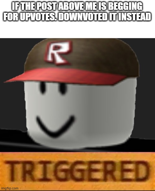 If it isn't just do whatever you want | IF THE POST ABOVE ME IS BEGGING FOR UPVOTES. DOWNVOTED IT INSTEAD | image tagged in roblox triggered | made w/ Imgflip meme maker