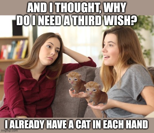 People of self importance | AND I THOUGHT, WHY DO I NEED A THIRD WISH? I ALREADY HAVE A CAT IN EACH HAND | image tagged in people of self importance | made w/ Imgflip meme maker