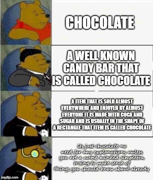 Tuxedo Winnie the Pooh 4 panel | CHOCOLATE; A WELL KNOWN CANDY BAR THAT IS CALLED CHOCOLATE; A ITEM THAT IS SOLD ALMOST EVERYWHERE AND ENJOYED BY ALMOST EVERYONE IT IS MADE WITH COCA AND SUGAR AND IS USUALLY IN THE SHAPE OF A RECTANGLE THAT ITEM IS CALLED CHOCOLATE; its just chocolate no need for any explanations unless you are a numb minded simpleton trying to make sense of things you should know about already | image tagged in tuxedo winnie the pooh 4 panel | made w/ Imgflip meme maker