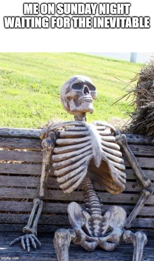 They say the anticipation of the end is worse than the end itself | ME ON SUNDAY NIGHT WAITING FOR THE INEVITABLE | image tagged in memes,waiting skeleton | made w/ Imgflip meme maker