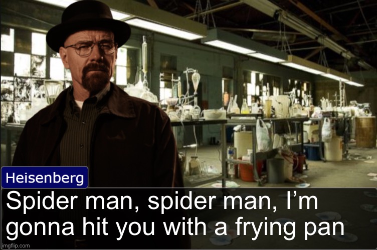 Heisenberg objection template | Spider man, spider man, I’m gonna hit you with a frying pan | image tagged in heisenberg objection template | made w/ Imgflip meme maker