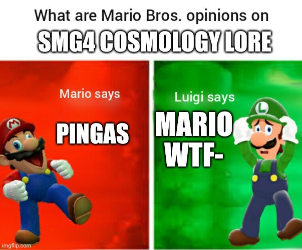 Accurate depiction | SMG4 COSMOLOGY LORE; PINGAS; MARIO WTF- | image tagged in smg4 mario says luigi says | made w/ Imgflip meme maker