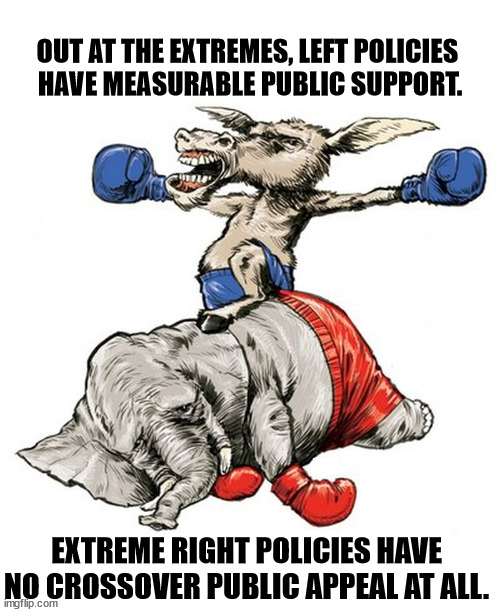 MAGA positions on guns, abortion and civil rights are hated by a majority of Americans. That's why the GOP stops people voting. | OUT AT THE EXTREMES, LEFT POLICIES 
HAVE MEASURABLE PUBLIC SUPPORT. EXTREME RIGHT POLICIES HAVE NO CROSSOVER PUBLIC APPEAL AT ALL. | image tagged in democratic donkey beats republican elephant,extreme,left,popular,right,hatred | made w/ Imgflip meme maker
