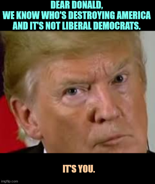 A destructive madman | DEAR DONALD, 
WE KNOW WHO'S DESTROYING AMERICA 
AND IT'S NOT LIBERAL DEMOCRATS. IT'S YOU. | image tagged in trump eyes dilated,trump,destroy,america,liberal,democrats | made w/ Imgflip meme maker