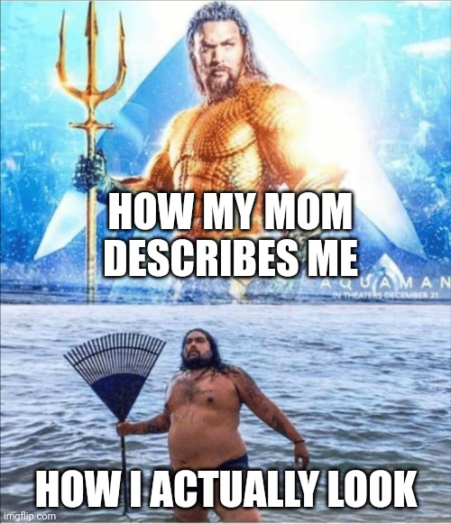 high quality vs low quality Aquaman | HOW MY MOM DESCRIBES ME; HOW I ACTUALLY LOOK | image tagged in high quality vs low quality aquaman | made w/ Imgflip meme maker