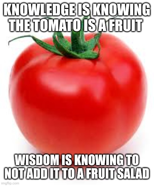 tomato | KNOWLEDGE IS KNOWING THE TOMATO IS A FRUIT; WISDOM IS KNOWING TO NOT ADD IT TO A FRUIT SALAD | image tagged in tomato | made w/ Imgflip meme maker