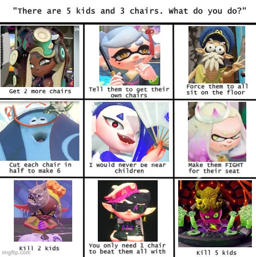 There are 5 kids and 3 chairs-Splatoon | image tagged in splatoon,splatoon 2 | made w/ Imgflip meme maker