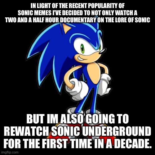 You're Too Slow Sonic Meme | IN LIGHT OF THE RECENT POPULARITY OF SONIC MEMES I’VE DECIDED TO NOT ONLY WATCH A TWO AND A HALF HOUR DOCUMENTARY ON THE LORE OF SONIC; BUT IM ALSO GOING TO REWATCH SONIC UNDERGROUND FOR THE FIRST TIME IN A DECADE. | image tagged in memes,you're too slow sonic | made w/ Imgflip meme maker