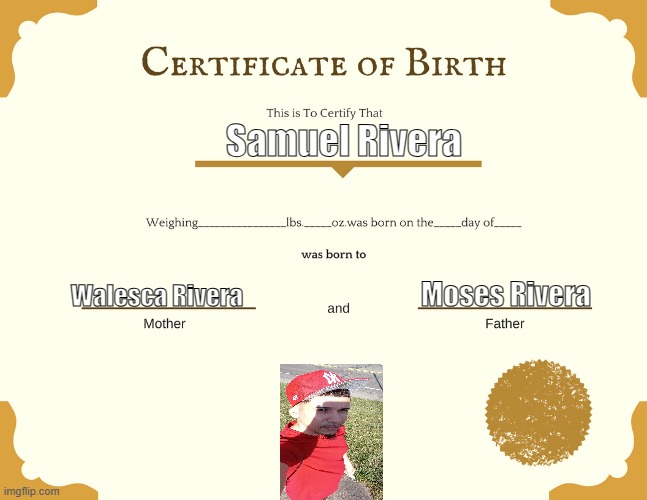 Birth certificate | Samuel Rivera; Moses Rivera; Walesca Rivera | image tagged in birth certificate | made w/ Imgflip meme maker