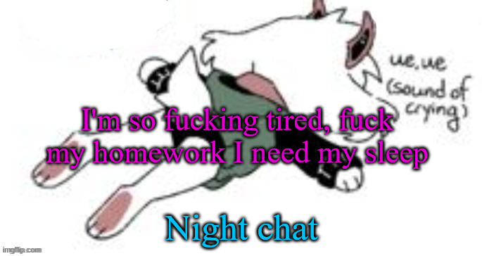 fuck you school, I have a job to get to | I'm so fucking tired, fuck my homework I need my sleep; Night chat | image tagged in ue ue sound of crying | made w/ Imgflip meme maker