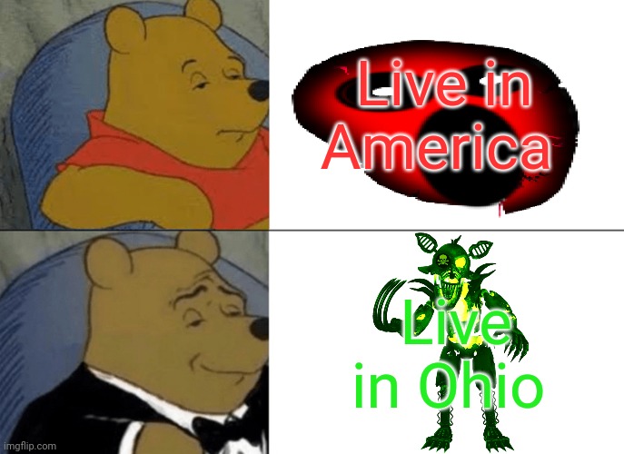 Tuxedo Winnie The Pooh Meme | Live in America; Live in Ohio | image tagged in memes,tuxedo winnie the pooh | made w/ Imgflip meme maker