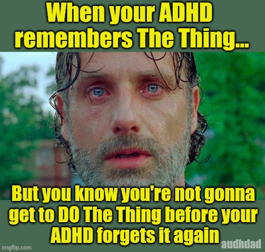 Rock Grimes crying in ADHD | When your ADHD 
remembers The Thing... But you know you're not gonna
get to DO The Thing before your
 ADHD forgets it again; audhdad | image tagged in rick grimes crying,adhd,forgetting,memory,meme,crying | made w/ Imgflip meme maker