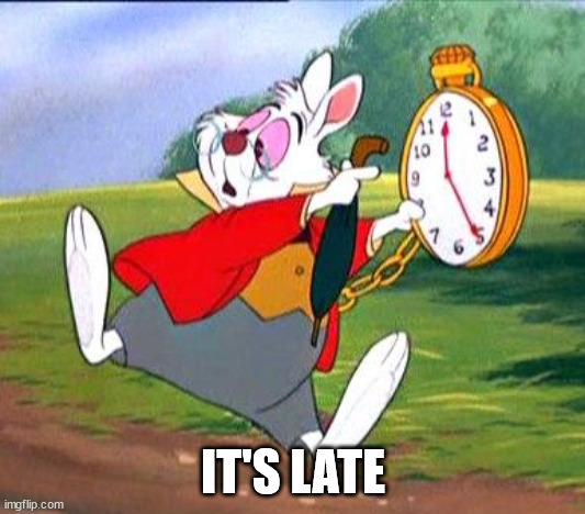 White Rabbit "I'm late!" | IT'S LATE | image tagged in white rabbit i'm late | made w/ Imgflip meme maker