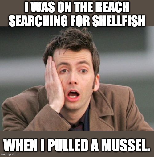 Shellfish | I WAS ON THE BEACH SEARCHING FOR SHELLFISH; WHEN I PULLED A MUSSEL. | image tagged in face palm | made w/ Imgflip meme maker