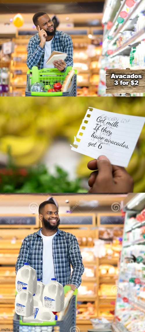 Avacados 3 for $2; Get milk
If they have avacados,
get 6 | made w/ Imgflip meme maker