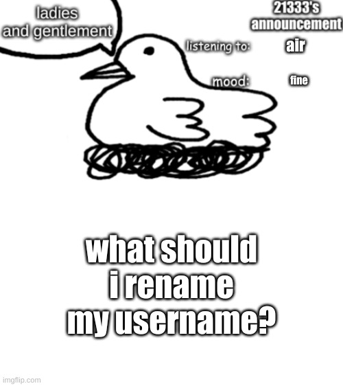 21333's announcement | air; fine; what should i rename my username? | image tagged in 21333's announcement | made w/ Imgflip meme maker