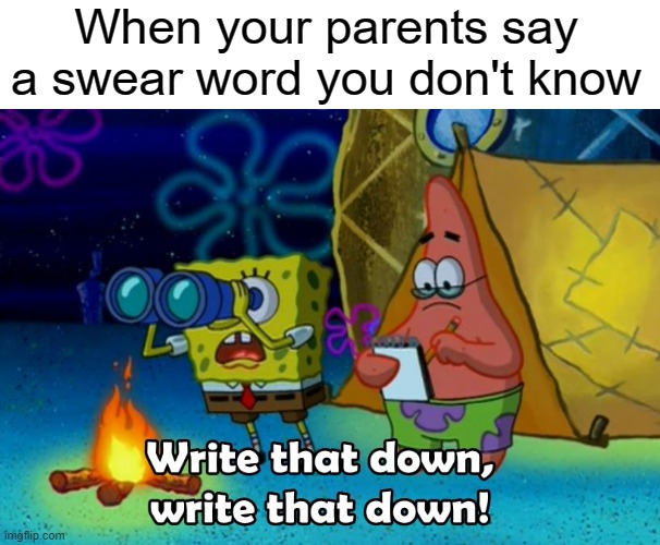Meme #115 | When your parents say a swear word you don't know | image tagged in write that down | made w/ Imgflip meme maker