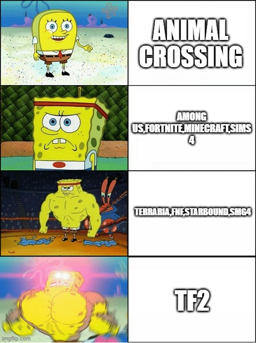Here comes the hate comments | ANIMAL CROSSING; AMONG US,FORTNITE,MINECRAFT,SIMS 4; TERRARIA,FNF,STARBOUND,SMG4; TF2 | image tagged in increasingly buff spongebob,buff spongebob | made w/ Imgflip meme maker