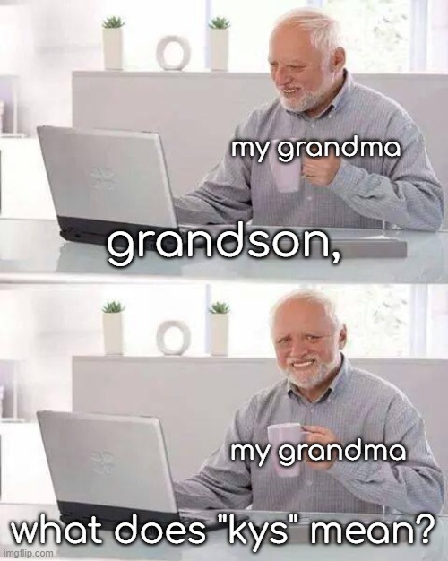 it means keep yourself safe, grandma | my grandma; grandson, my grandma; what does "kys" mean? | image tagged in memes,hide the pain harold | made w/ Imgflip meme maker