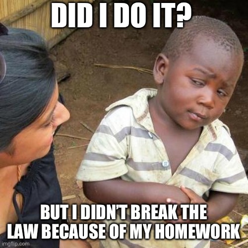 Did I do it | DID I DO IT? BUT I DIDN’T BREAK THE LAW BECAUSE OF MY HOMEWORK | image tagged in memes,third world skeptical kid | made w/ Imgflip meme maker