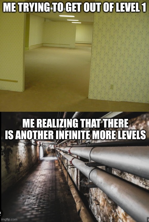 ME TRYING TO GET OUT OF LEVEL 1; ME REALIZING THAT THERE IS ANOTHER INFINITE MORE LEVELS | image tagged in the backrooms,goofy ahh,why,if you read this tag you are cursed,fun | made w/ Imgflip meme maker