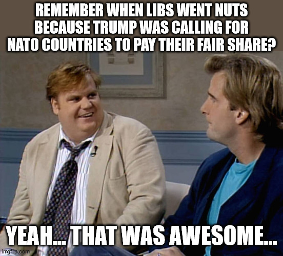 Remember that time | REMEMBER WHEN LIBS WENT NUTS BECAUSE TRUMP WAS CALLING FOR NATO COUNTRIES TO PAY THEIR FAIR SHARE? YEAH... THAT WAS AWESOME... | image tagged in remember that time | made w/ Imgflip meme maker