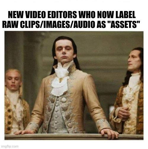 Assets | NEW VIDEO EDITORS WHO NOW LABEL RAW CLIPS/IMAGES/AUDIO AS "ASSETS" | image tagged in aristocracy | made w/ Imgflip meme maker