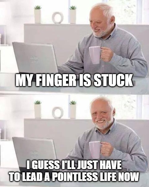 stuck finger | MY FINGER IS STUCK; I GUESS I'LL JUST HAVE TO LEAD A POINTLESS LIFE NOW | image tagged in memes,hide the pain harold | made w/ Imgflip meme maker