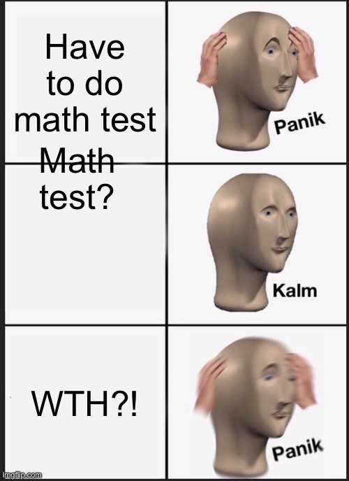 Math!? | Have to do math test; Math test? WTH?! | image tagged in memes,panik kalm panik | made w/ Imgflip meme maker