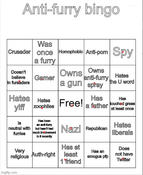 Bruh no bingo ;-; | image tagged in anti-furry bingo | made w/ Imgflip meme maker