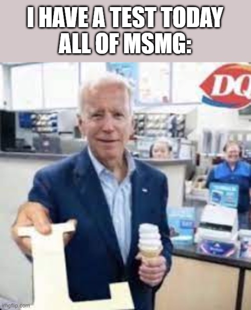 Joe Holding The Letter L | I HAVE A TEST TODAY
ALL OF MSMG: | image tagged in joe holding the letter l | made w/ Imgflip meme maker