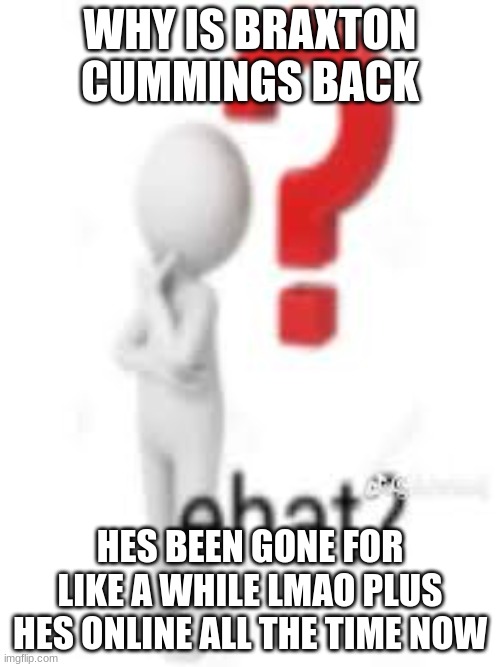 WHY IS BRAXTON CUMMINGS BACK; HES BEEN GONE FOR LIKE A WHILE LMAO PLUS HES ONLINE ALL THE TIME NOW | image tagged in ehat | made w/ Imgflip meme maker