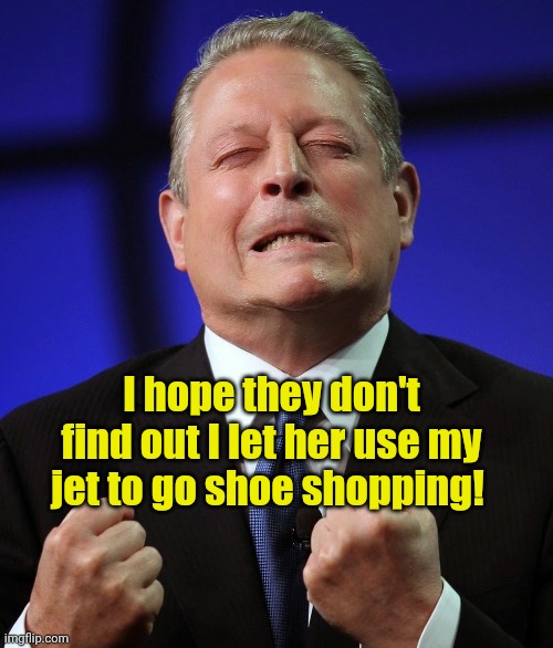 Al gore | I hope they don't find out I let her use my jet to go shoe shopping! | image tagged in al gore | made w/ Imgflip meme maker