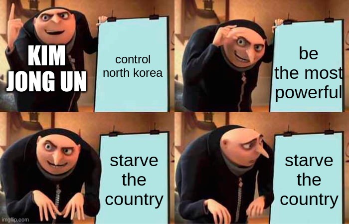 Gru's Plan Meme | control north korea; be the most powerful; KIM JONG UN; starve the country; starve the country | image tagged in memes,gru's plan | made w/ Imgflip meme maker