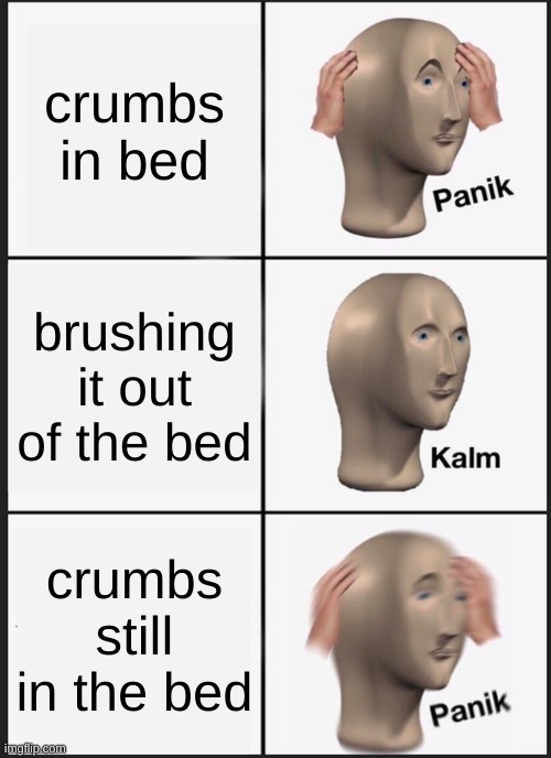 how?!?! | crumbs in bed; brushing it out of the bed; crumbs still in the bed | image tagged in memes,panik kalm panik | made w/ Imgflip meme maker