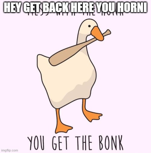 Honk Bonk | HEY GET BACK HERE YOU HORNI | image tagged in honk bonk | made w/ Imgflip meme maker