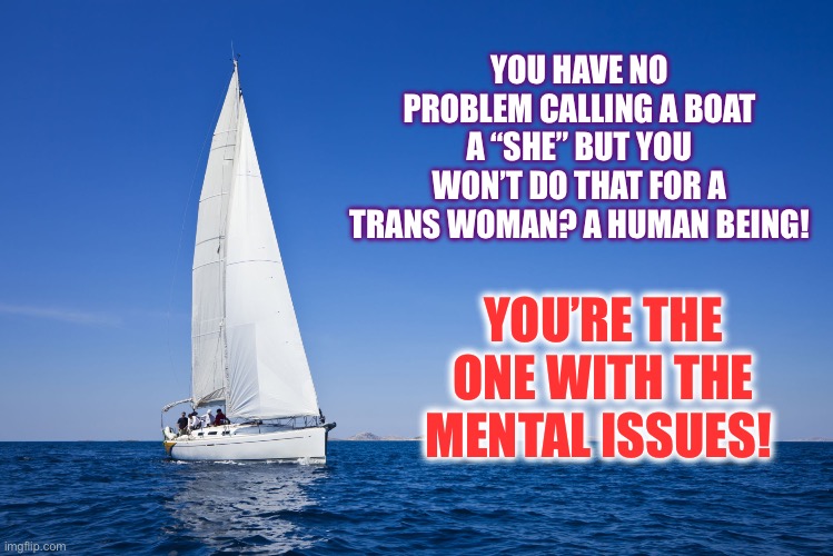 Trans women are women | YOU HAVE NO PROBLEM CALLING A BOAT A “SHE” BUT YOU WON’T DO THAT FOR A TRANS WOMAN? A HUMAN BEING! YOU’RE THE ONE WITH THE MENTAL ISSUES! | image tagged in transgender,trans,transphobic | made w/ Imgflip meme maker