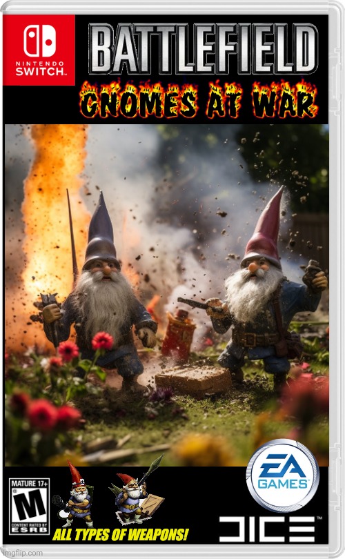 GNOMES AT WAR | ALL TYPES OF WEAPONS! | image tagged in nintendo switch,gnomes,battlefield,war,gnome wars,fake switch games | made w/ Imgflip meme maker