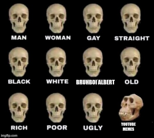 idiot skull | BRUHBOI ALBERT; YOUTUBE
MEMES | image tagged in idiot skull | made w/ Imgflip meme maker