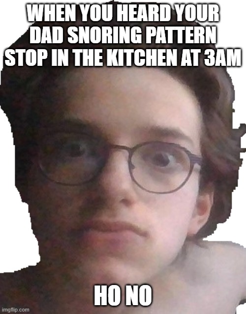 Realizing what happenned | WHEN YOU HEARD YOUR DAD SNORING PATTERN STOP IN THE KITCHEN AT 3AM; HO NO | image tagged in realizing what happenned | made w/ Imgflip meme maker