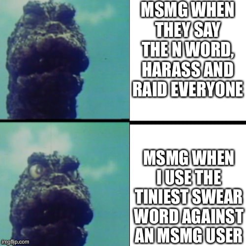 I sleep, real shit (Godzilla Edition) | MSMG WHEN THEY SAY THE N WORD, HARASS AND RAID EVERYONE; MSMG WHEN I USE THE TINIEST SWEAR WORD AGAINST AN MSMG USER | image tagged in i sleep real shit godzilla edition | made w/ Imgflip meme maker