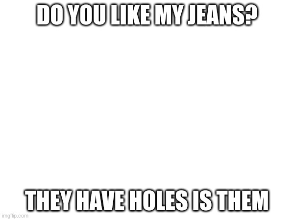 More holes than jeans; lol | DO YOU LIKE MY JEANS? THEY HAVE HOLES IS THEM | image tagged in funny | made w/ Imgflip meme maker