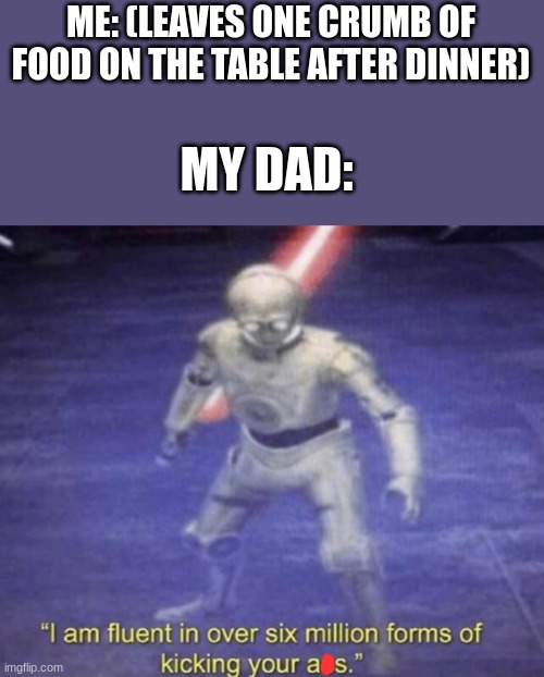 oof | ME: (LEAVES ONE CRUMB OF FOOD ON THE TABLE AFTER DINNER); MY DAD: | image tagged in i am fluent in over six million forms of kicking your ass | made w/ Imgflip meme maker