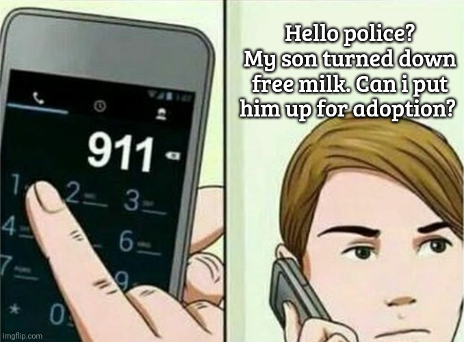 Just get in the van | Hello police? My son turned down free milk. Can i put him up for adoption? | image tagged in calling 911,white,van,free,milk | made w/ Imgflip meme maker