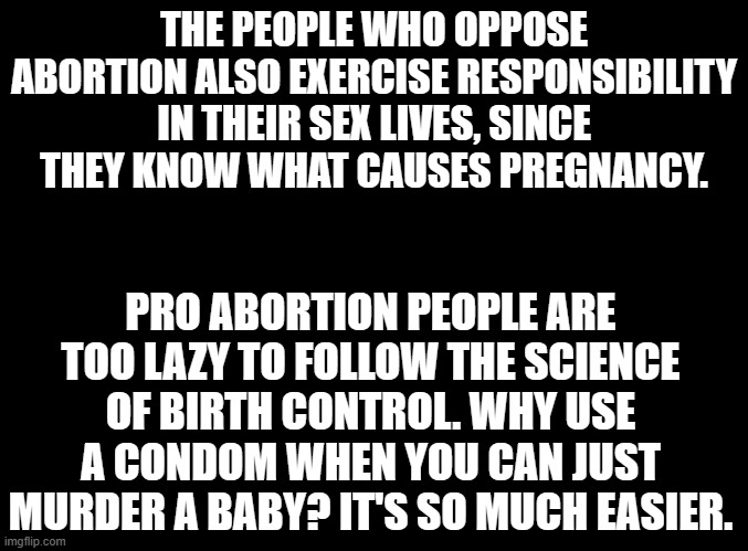 blank black | THE PEOPLE WHO OPPOSE ABORTION ALSO EXERCISE RESPONSIBILITY IN THEIR SEX LIVES, SINCE THEY KNOW WHAT CAUSES PREGNANCY. PRO ABORTION PEOPLE A | image tagged in blank black | made w/ Imgflip meme maker